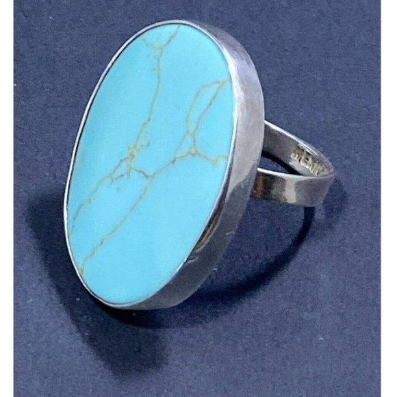 925 Ring Mexico Turquoise Oval Cab Ring Size 7 Adjustable Fine - Picture 1 of 7